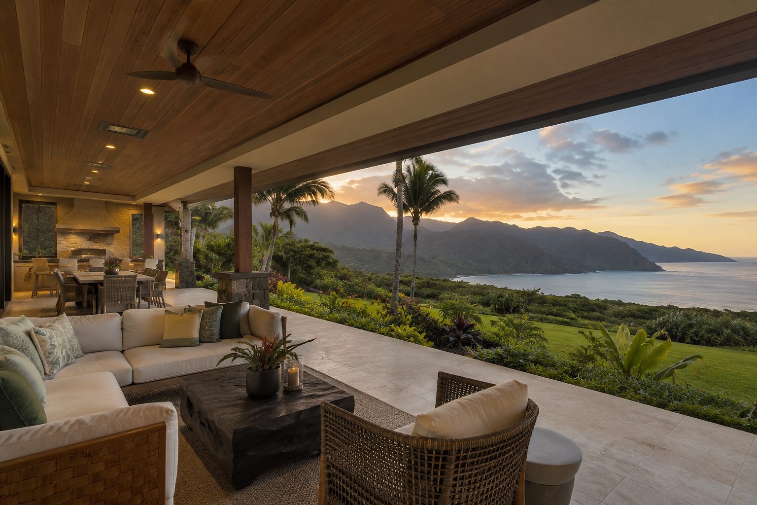 Covered lanai with a teak ceiling and lounge seating, looking out over a bay and mountains at sunset